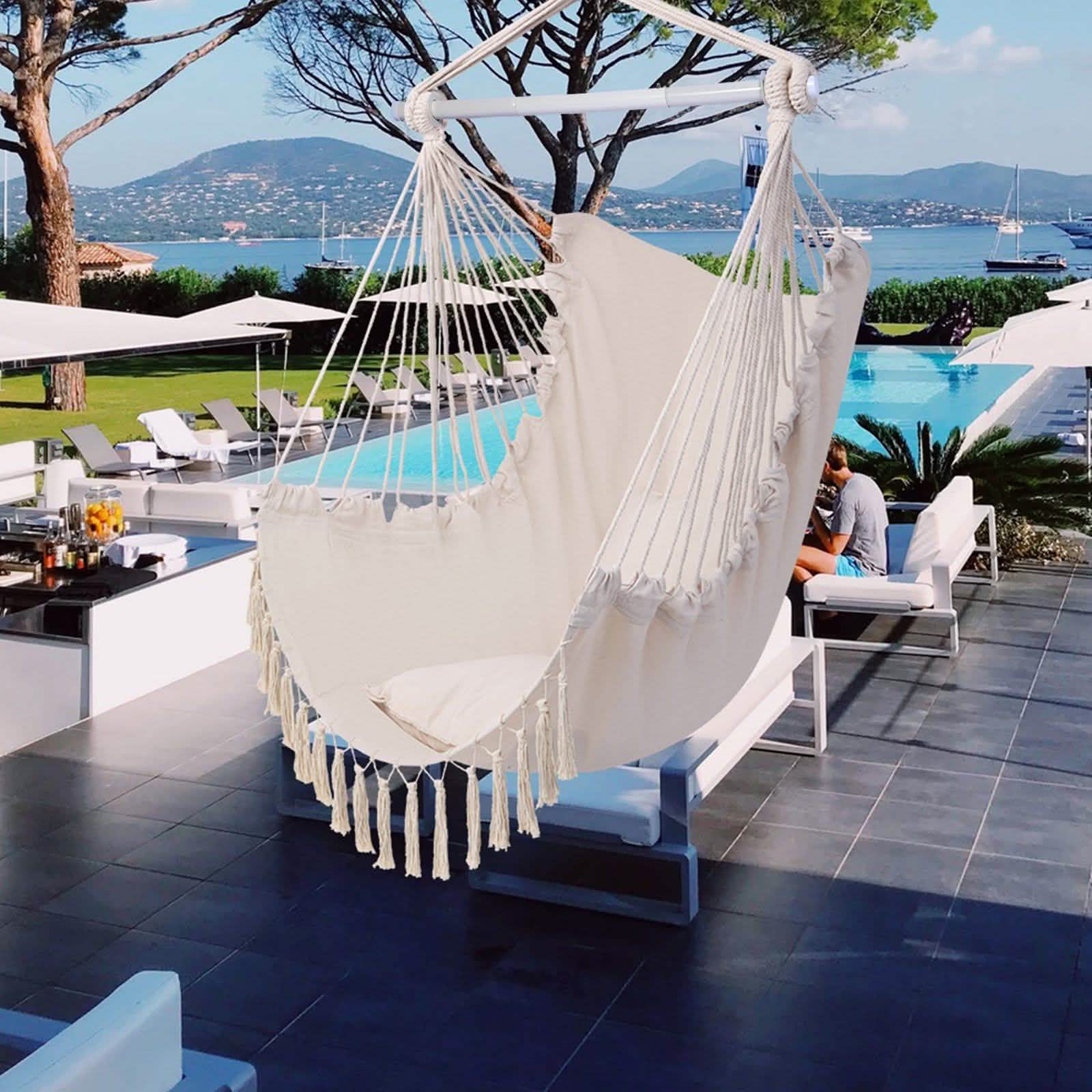Hammock Chair Swing Seat with Detachable Metal Support Bar and 2 Seat Cushions DailySale