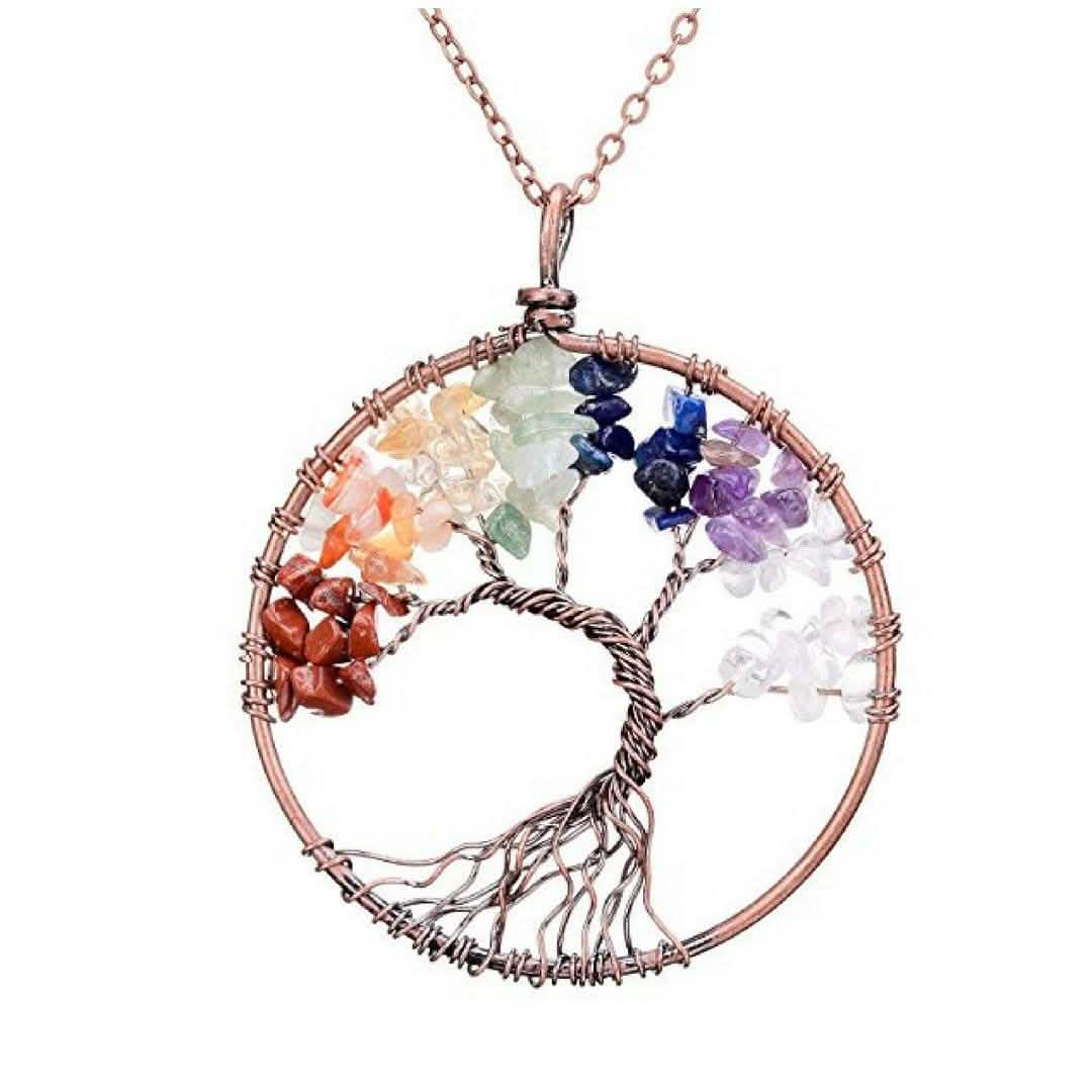 Handmade Genuine Gemstone Chakra Tree of Life Pendant Necklace DailySale