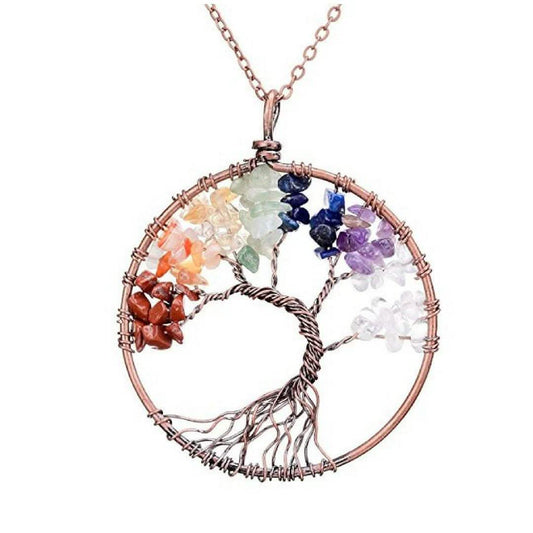Handmade Genuine Gemstone Chakra Tree of Life Pendant Necklace DailySale