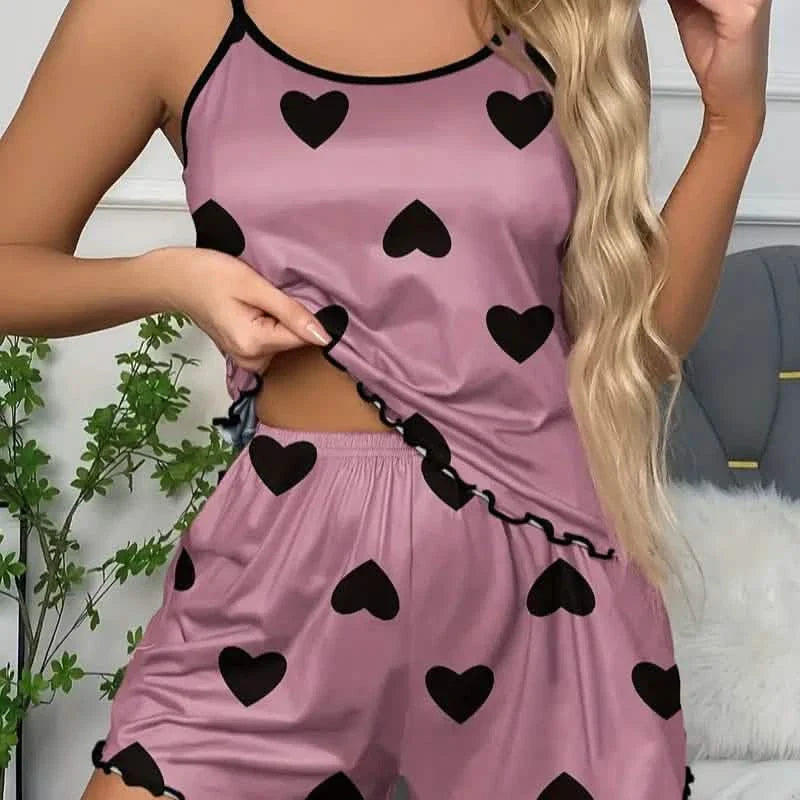 Heart Print Neck Cami Top and Lettuce Trim Shorts Set DailySale