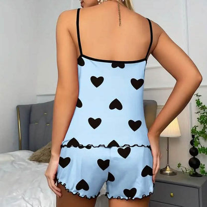 Heart Print Neck Cami Top and Lettuce Trim Shorts Set DailySale