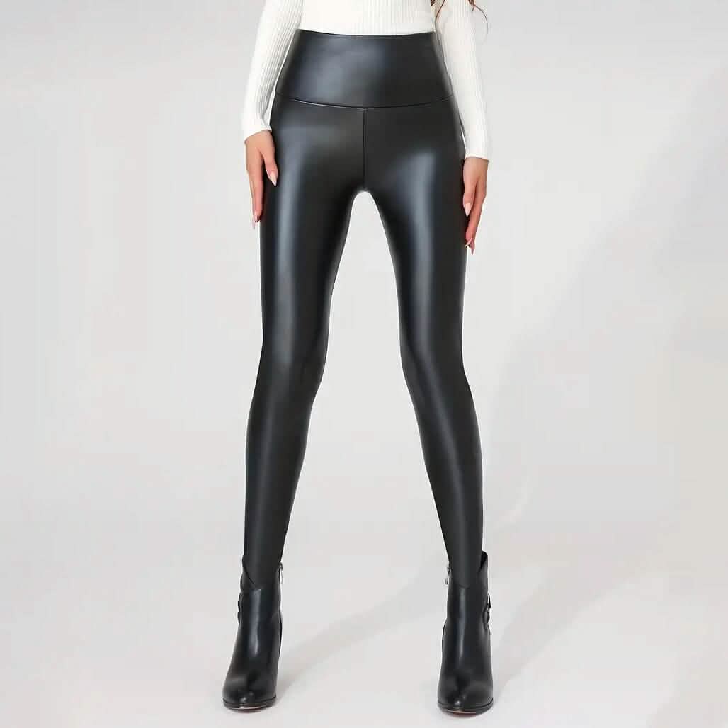 High Waisted Faux PU Leather Plush Lined Elastic Slim Leggings DailySale