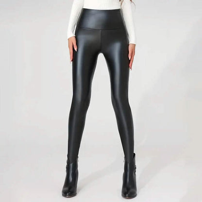 High Waisted Faux PU Leather Plush Lined Elastic Slim Leggings DailySale