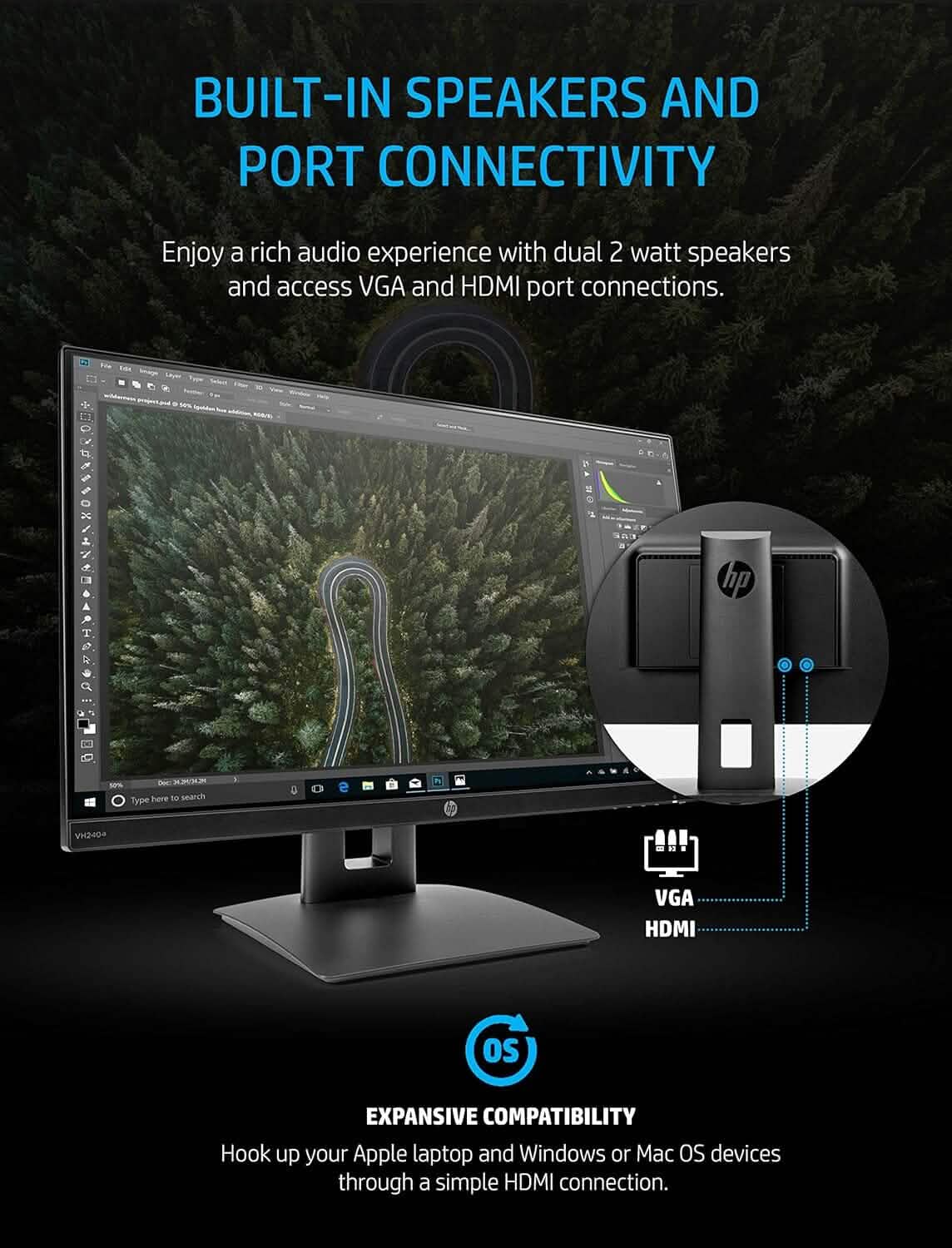 HP 23.8” VH240a IPS FHD LED Monitor HDMI VGA Speakers (Refurbished) DailySale