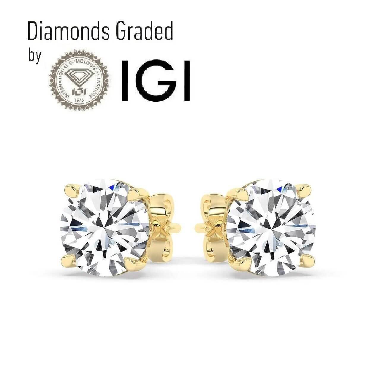 IGI,F/VS1 ,2 CT Solitaire Lab-Grown Round Diamond Studs Earring, 18K Yellow Gold DailySale