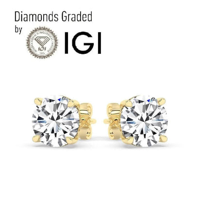 IGI,F/VS1 ,2 CT Solitaire Lab-Grown Round Diamond Studs Earring, 18K Yellow Gold DailySale