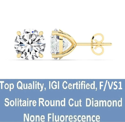 IGI,F/VS1 ,2 CT Solitaire Lab-Grown Round Diamond Studs Earring, 18K Yellow Gold DailySale