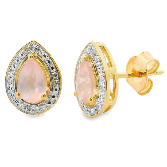 Rose Quartz Diamond Dangle Earrings 10KT Yellow Gold Bids.com