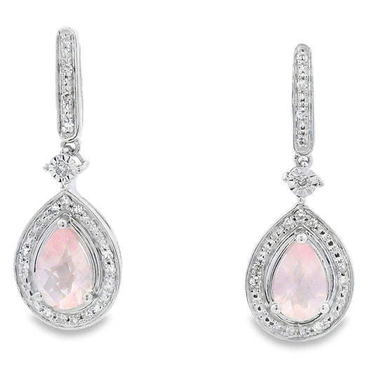 Rose Quartz Diamond Dangle Earrings 10KT White Gold Bids.com