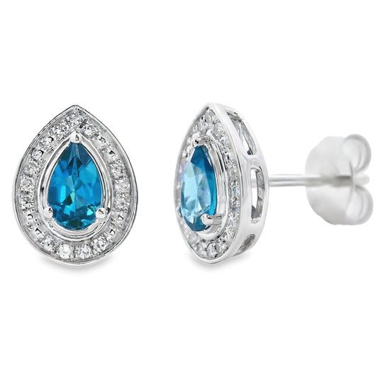London Blue Topaz Diamond Stud Earrings 10KT White Gold Bids.com