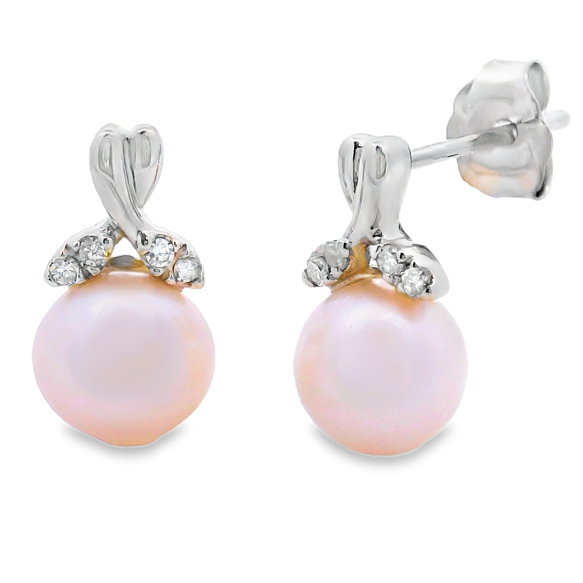 Natural .05ct FW Pearl Diamond Earrings 10KT White Gold Bids.com