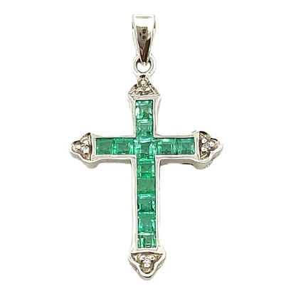 Emerald Diamond Cross Religious Pendant 10KT White Gold Bids.com