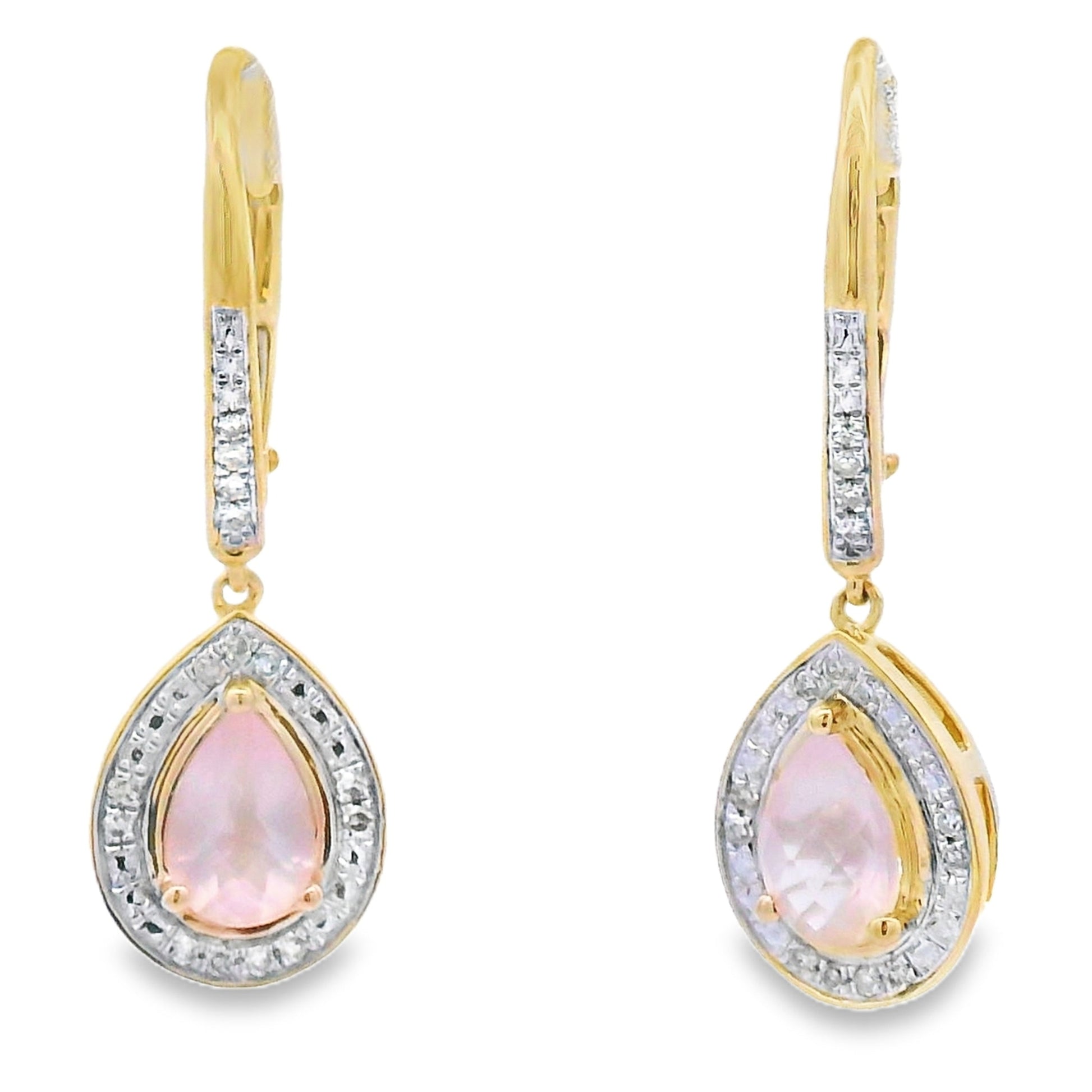 Rose Quartz Diamond Dangle Earrings 10KT Yellow Gold Bids.com