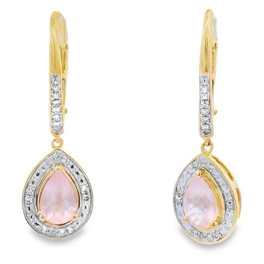 Rose Quartz Diamond Dangle Earrings 10KT Yellow Gold Bids.com