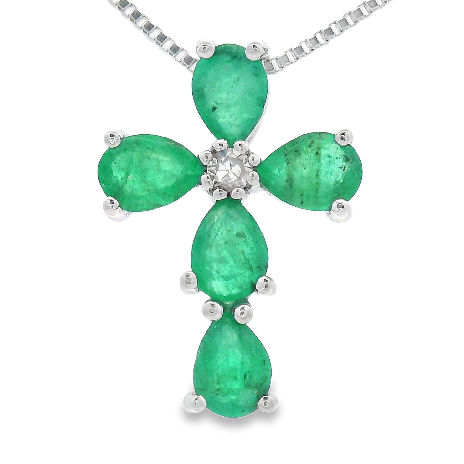 Emerald Diamond Cross Religious Pendant 10KT White Gold Bids.com