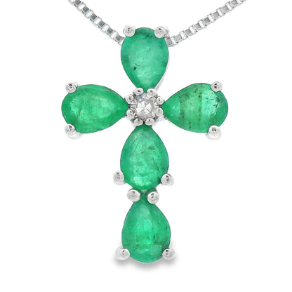 Emerald Diamond Cross Religious Pendant 10KT White Gold Bids.com