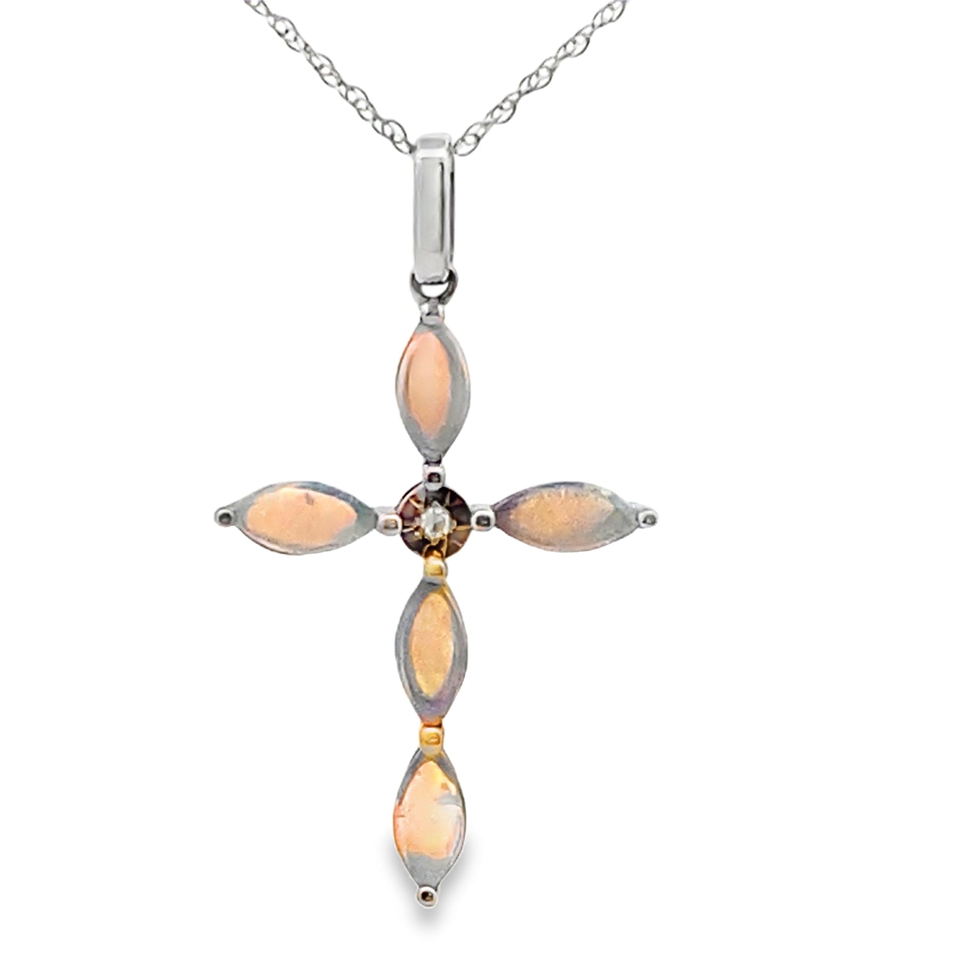 Opal Diamond Cross Religious Pendant 10KT White Gold Bids.com