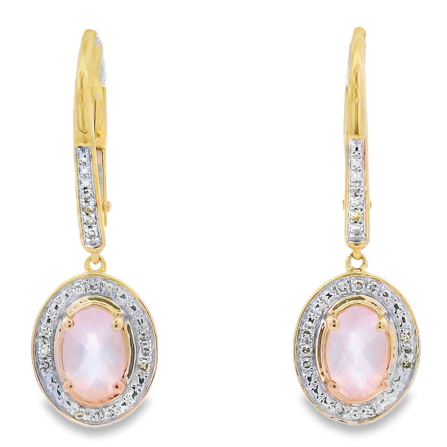 Rose Quartz Diamond Dangle Earrings 10KT Yellow Gold Bids.com