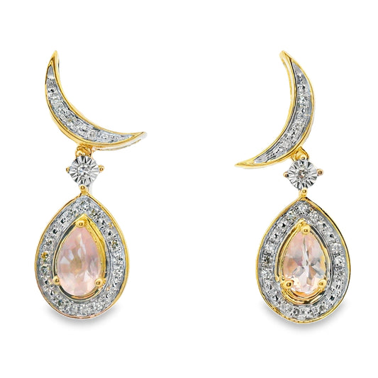 Rose Quartz Diamond Dangle Earrings 10KT Yellow Gold Bids.com