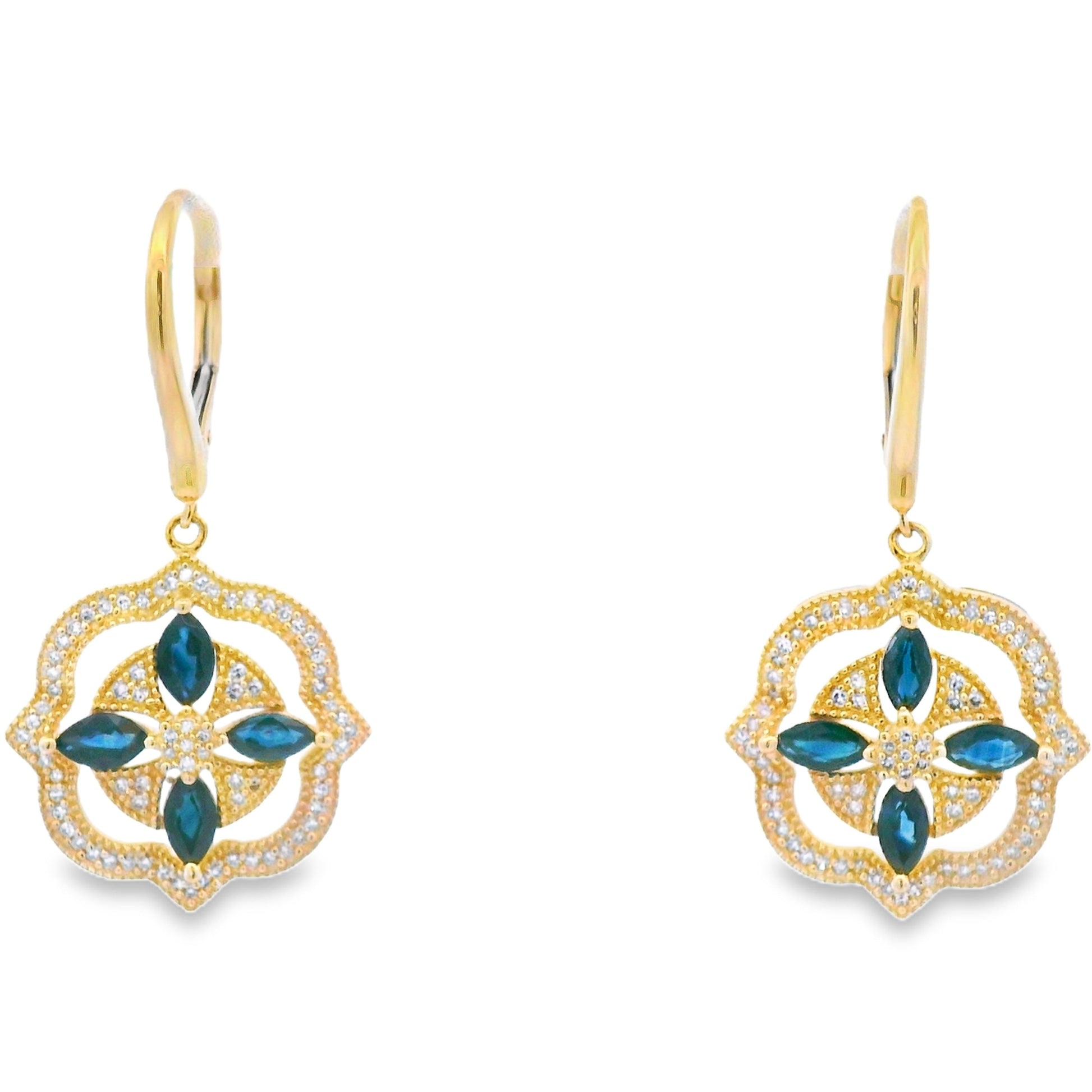 Sapphire Diamond Dangle Earrings 14KT Yellow Gold Bids.com
