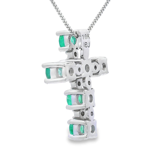 Emerald Diamond Cross Religious Pendant 10KT White Gold Bids.com