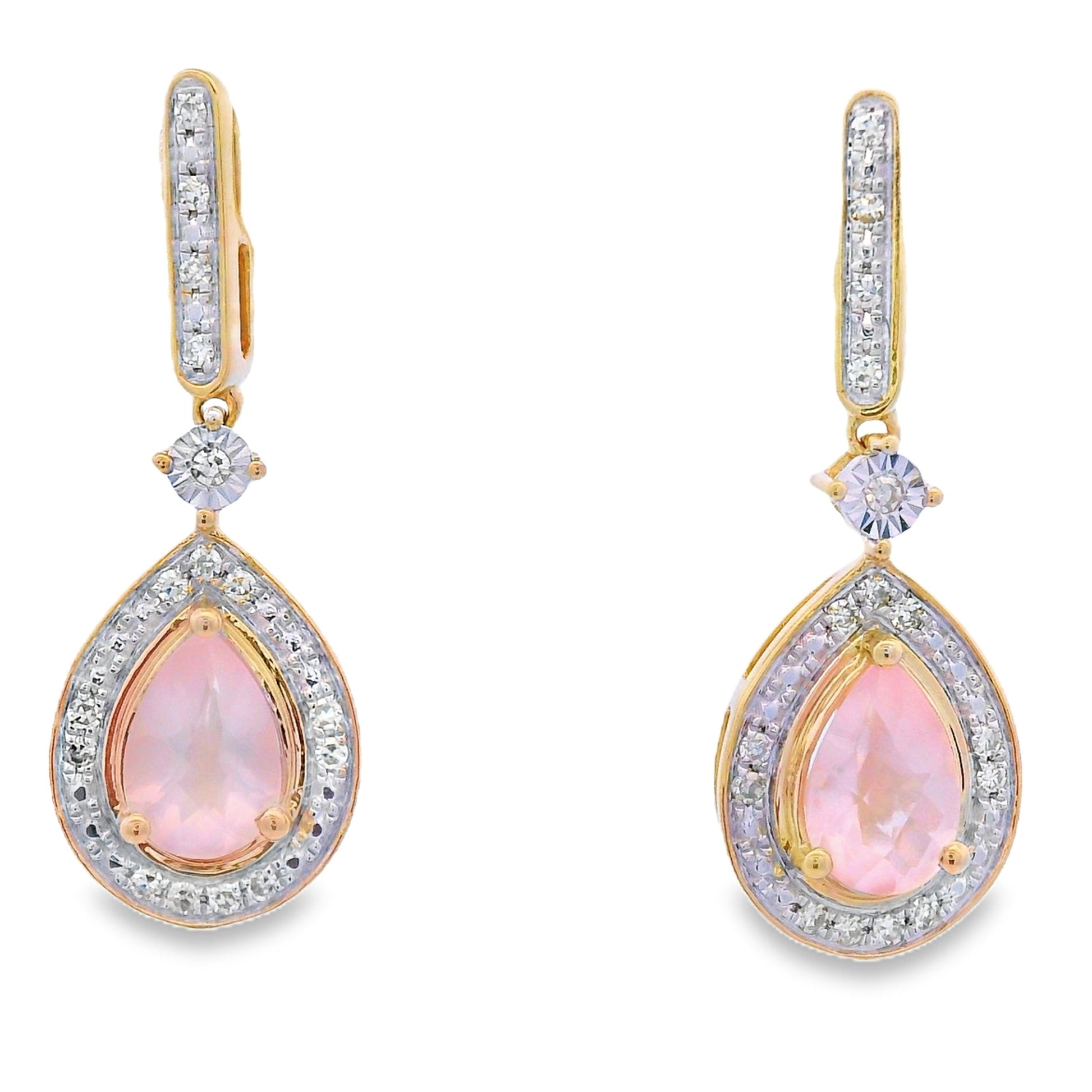 Rose Quartz Diamond Dangle Earrings 10KT Yellow Gold Bids.com