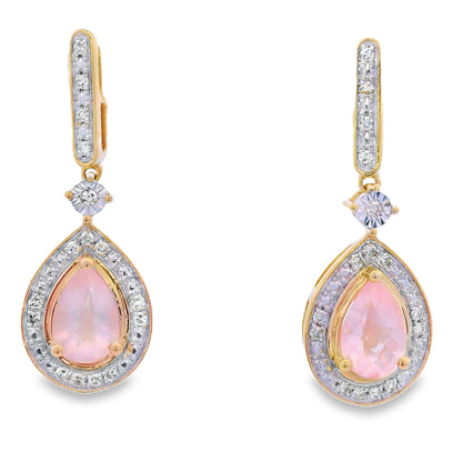 Rose Quartz Diamond Dangle Earrings 10KT Yellow Gold Bids.com