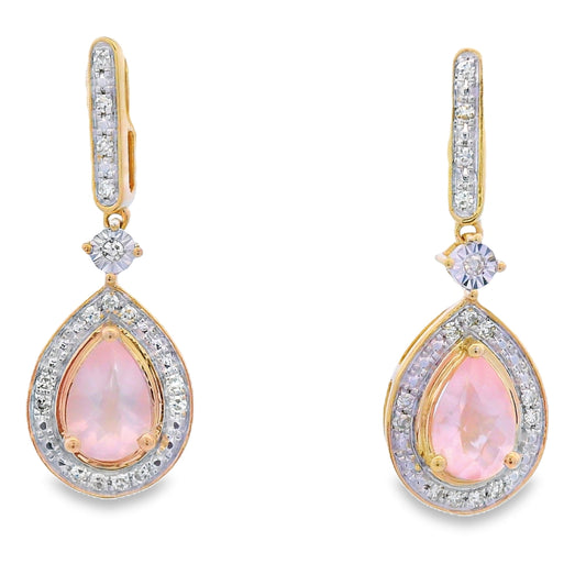 Rose Quartz Diamond Dangle Earrings 10KT Yellow Gold Bids.com