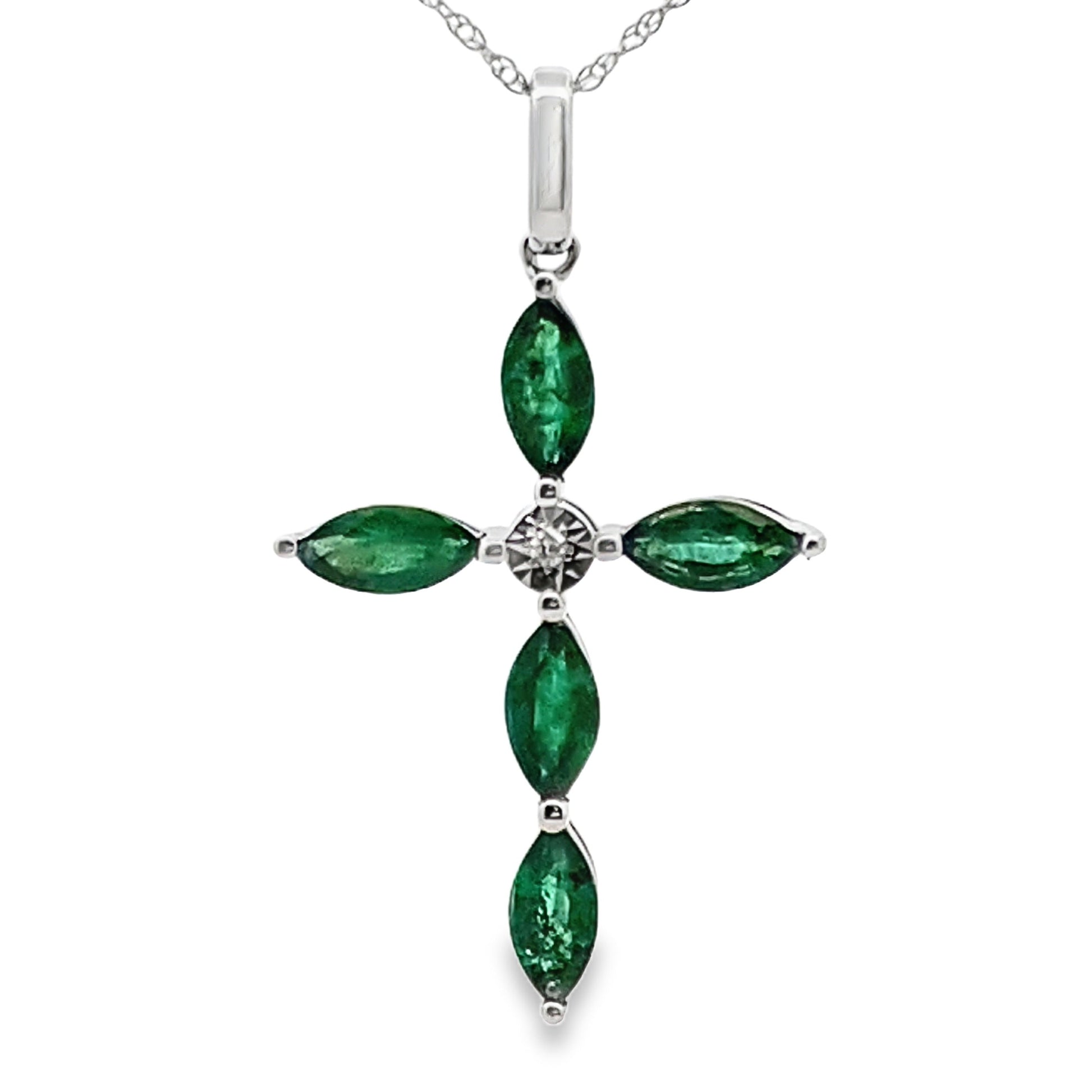 Emerald Diamond Cross Religious Pendant 10KT White Gold Bids.com