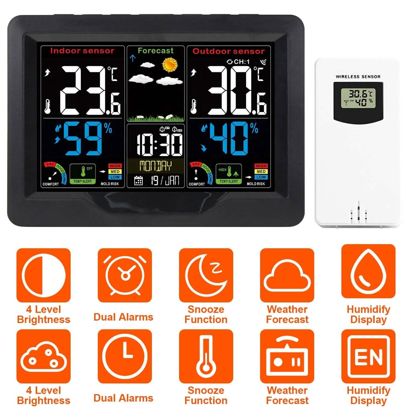 Indoor/Outdoor Thermometer Humidity Weather Forecast Temperature with Backlight DailySale