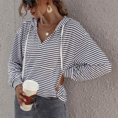 Kangaroo Pocket Striped Drawstring Hoodie DailySale