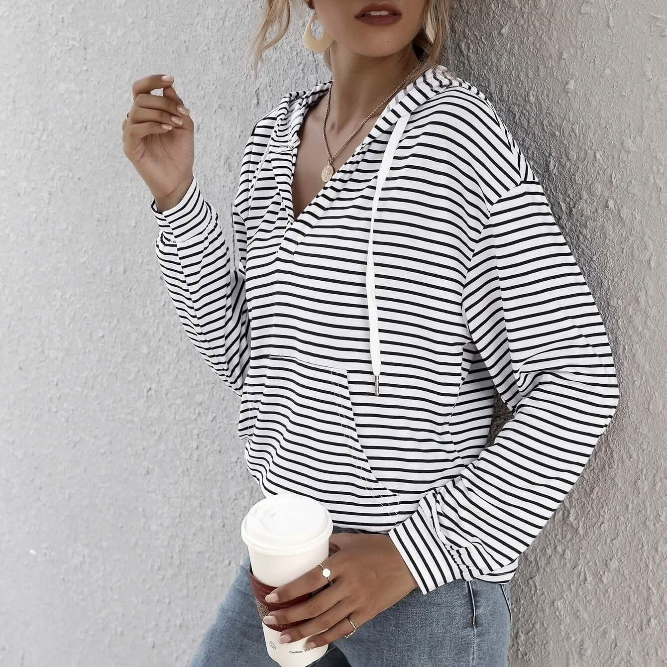 Kangaroo Pocket Striped Drawstring Hoodie DailySale