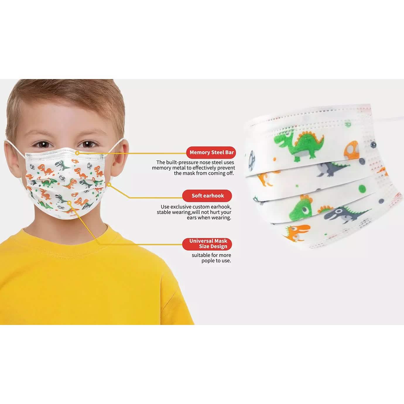 Kids 3-Ply Disposable Dinosaur Face Masks DailySale