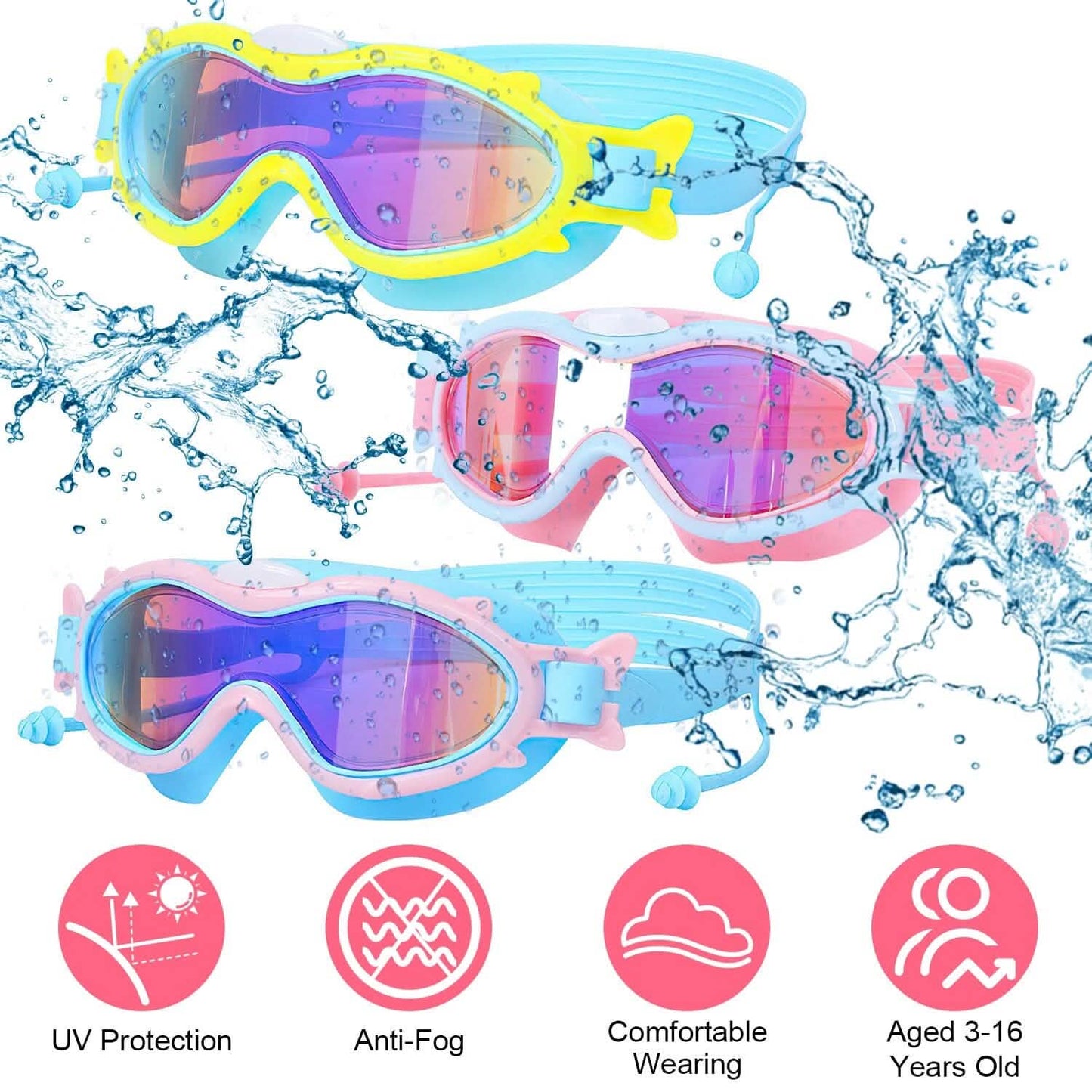 Kids Swim Goggles with Ear Plugs UV Protection Anti-Fog Leak Proof DailySale