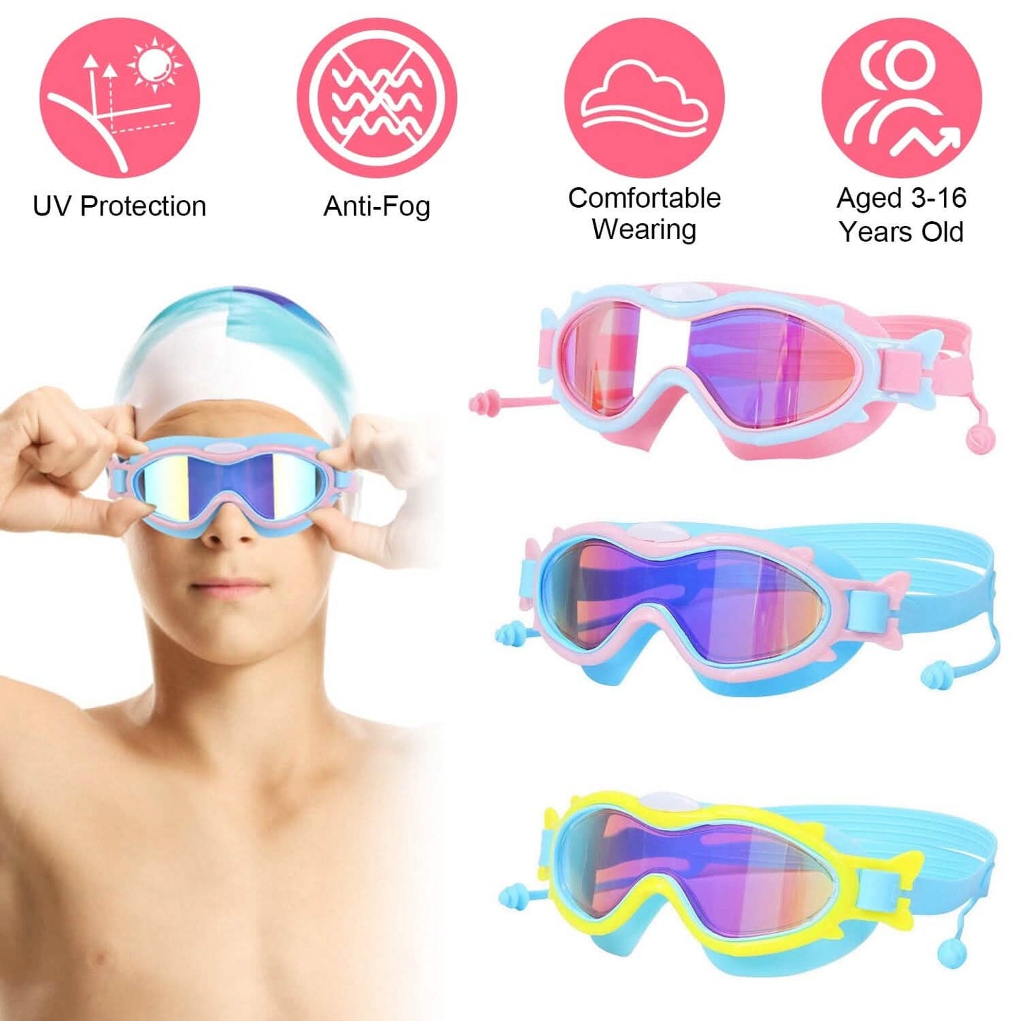 Kids Swim Goggles with Ear Plugs UV Protection Anti-Fog Leak Proof DailySale