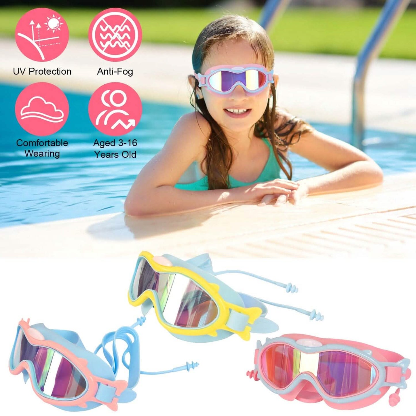 Kids Swim Goggles with Ear Plugs UV Protection Anti-Fog Leak Proof DailySale