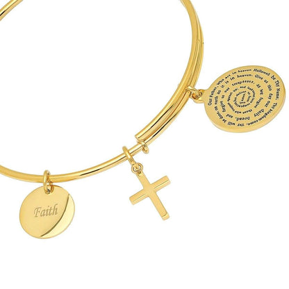 Ladies 18K Gold Plated Stainless Steel Bracelet with Our Father, Faith and Cross Charms DailySale