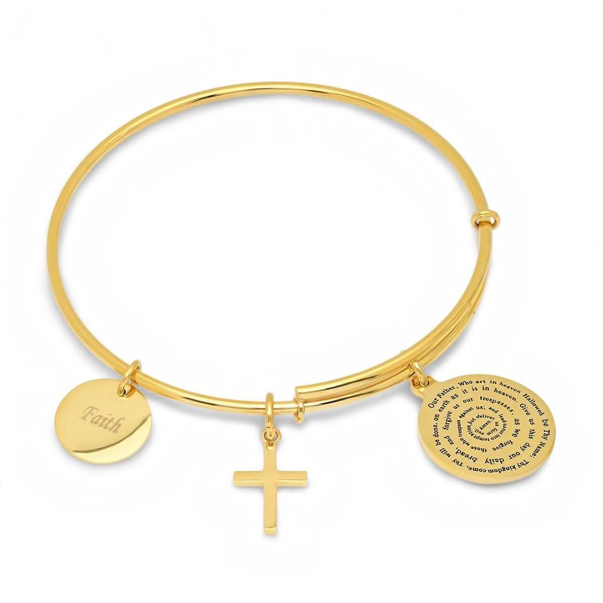 Ladies 18K Gold Plated Stainless Steel Bracelet with Our Father, Faith and Cross Charms DailySale