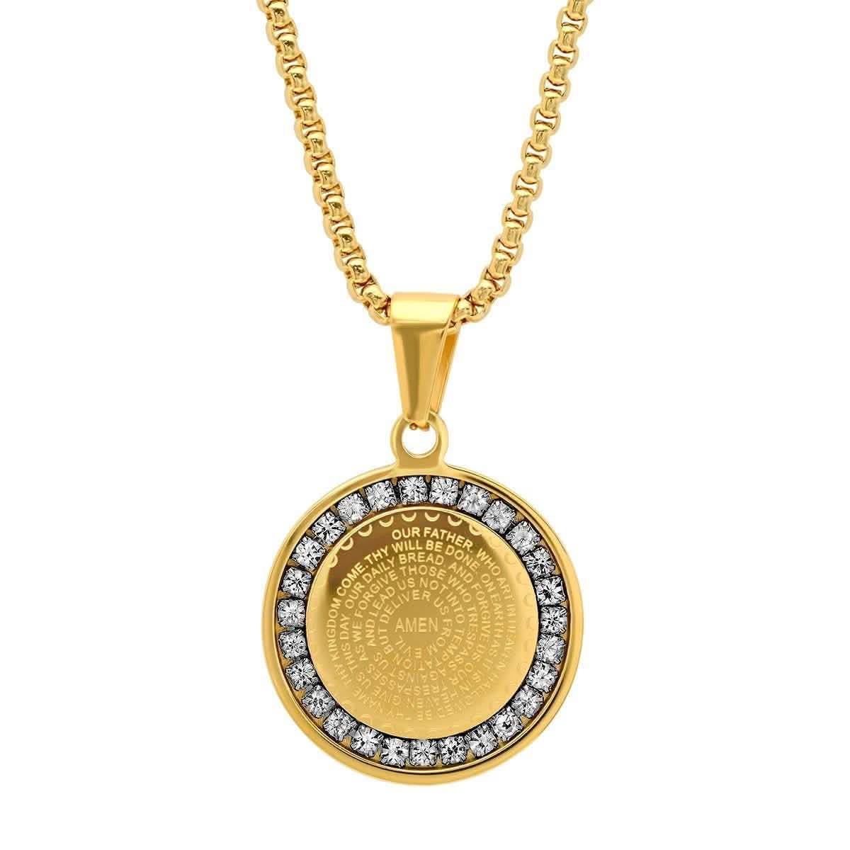 Ladies' 18K Gold Plated Stainless Steel Our Father Prayer Round Pendant with Simulated Diamonds DailySale