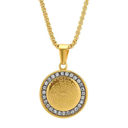 Ladies' 18K Gold Plated Stainless Steel Our Father Prayer Round Pendant with Simulated Diamonds DailySale
