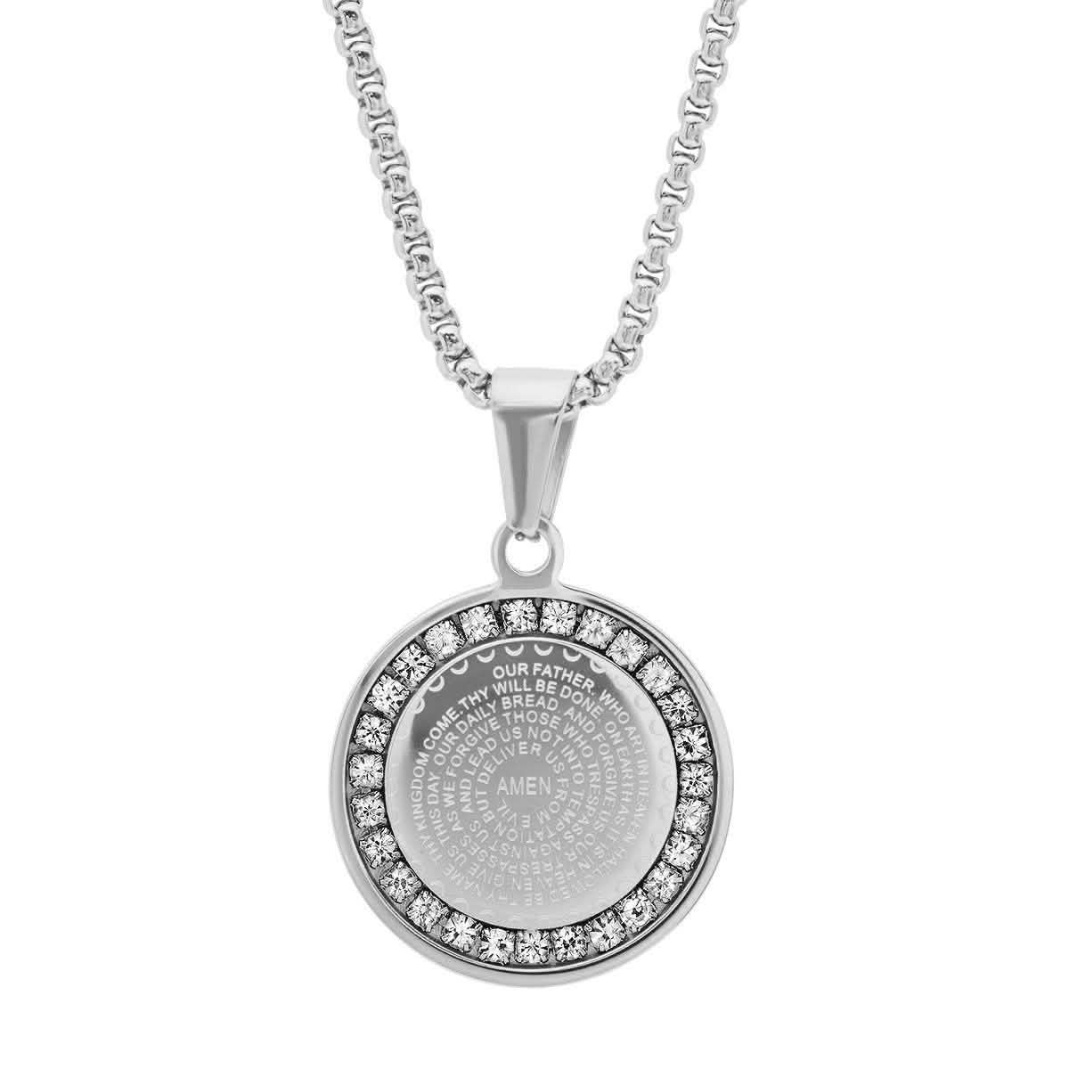 Ladies' 18K Gold Plated Stainless Steel Our Father Prayer Round Pendant with Simulated Diamonds DailySale
