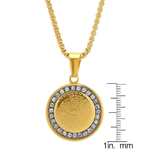 Ladies' 18K Gold Plated Stainless Steel Our Father Prayer Round Pendant with Simulated Diamonds DailySale