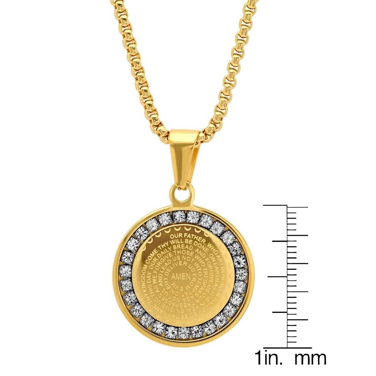 Ladies' 18K Gold Plated Stainless Steel Our Father Prayer Round Pendant with Simulated Diamonds DailySale