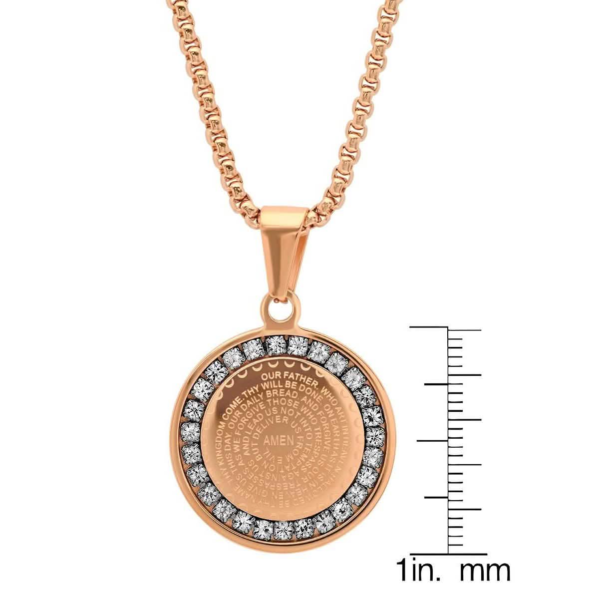Ladies' 18K Gold Plated Stainless Steel Our Father Prayer Round Pendant with Simulated Diamonds DailySale