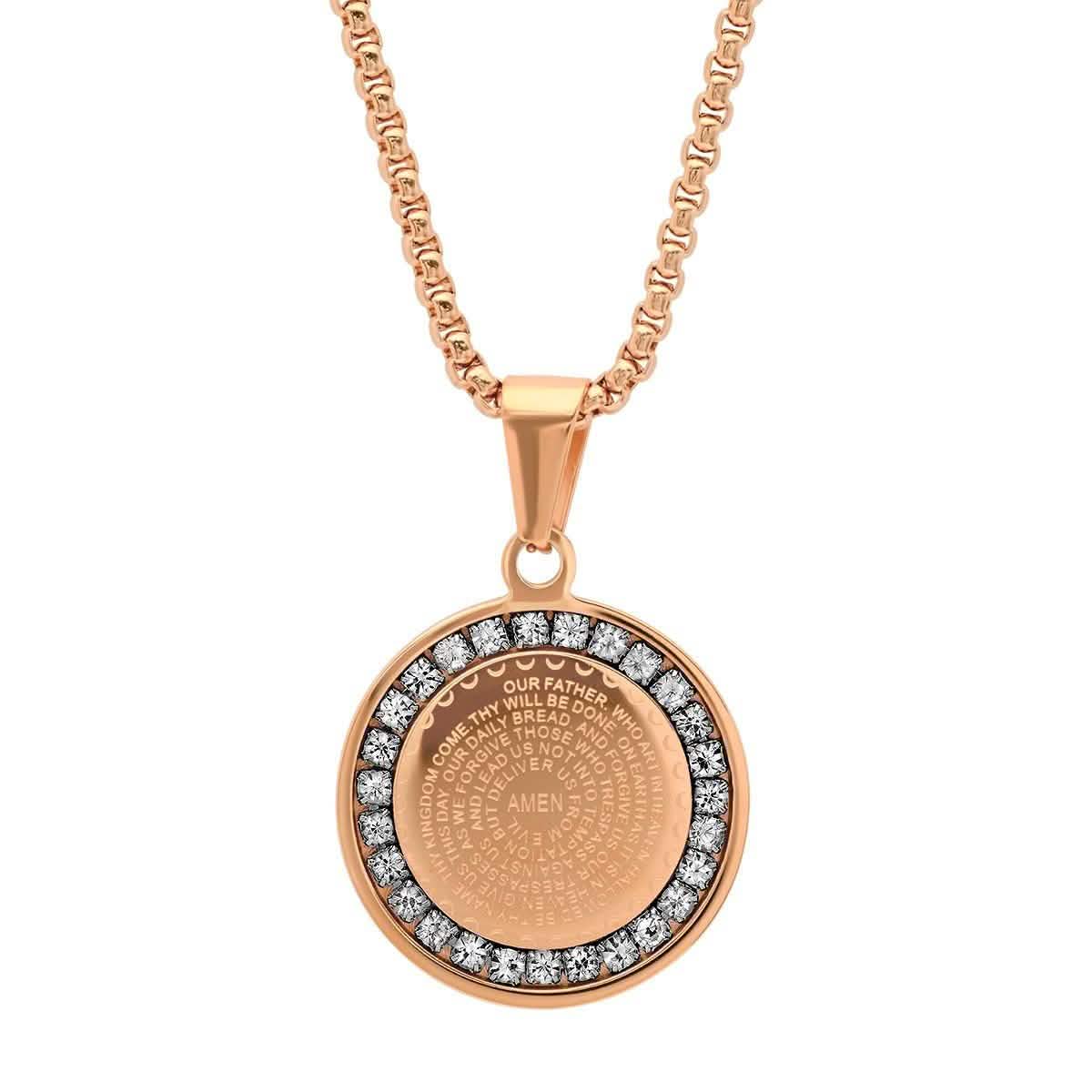 Ladies' 18K Gold Plated Stainless Steel Our Father Prayer Round Pendant with Simulated Diamonds DailySale