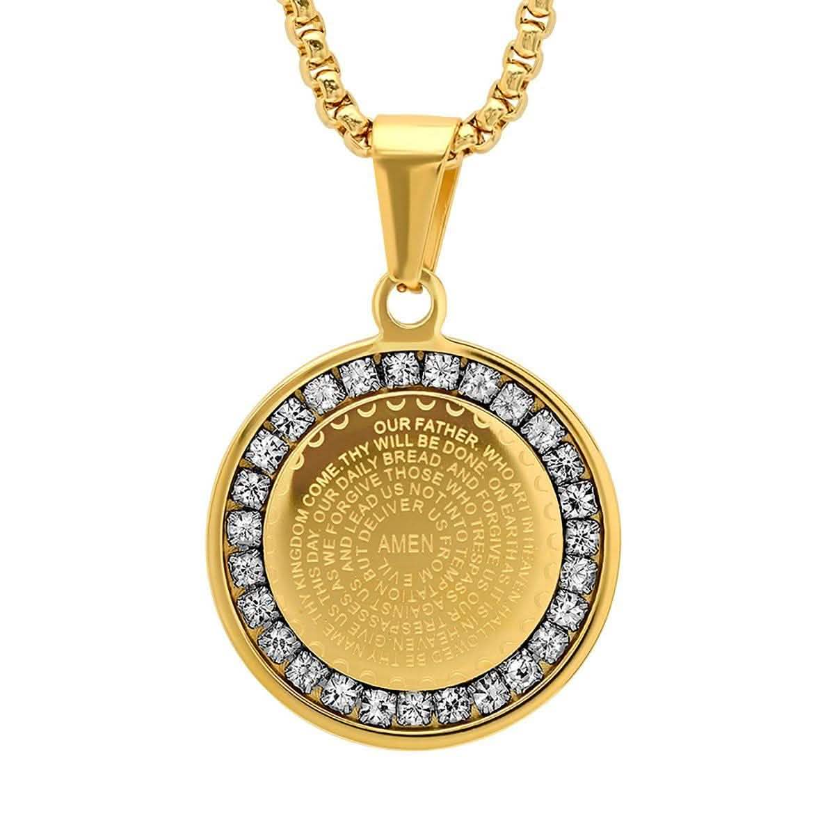 Ladies' 18K Gold Plated Stainless Steel Our Father Prayer Round Pendant with Simulated Diamonds DailySale