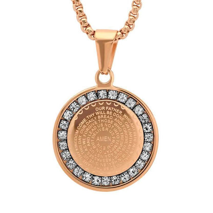 Ladies' 18K Gold Plated Stainless Steel Our Father Prayer Round Pendant with Simulated Diamonds DailySale