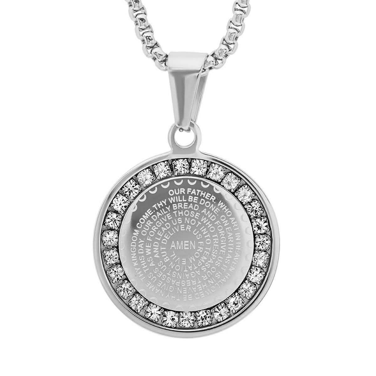 Ladies' 18K Gold Plated Stainless Steel Our Father Prayer Round Pendant with Simulated Diamonds DailySale