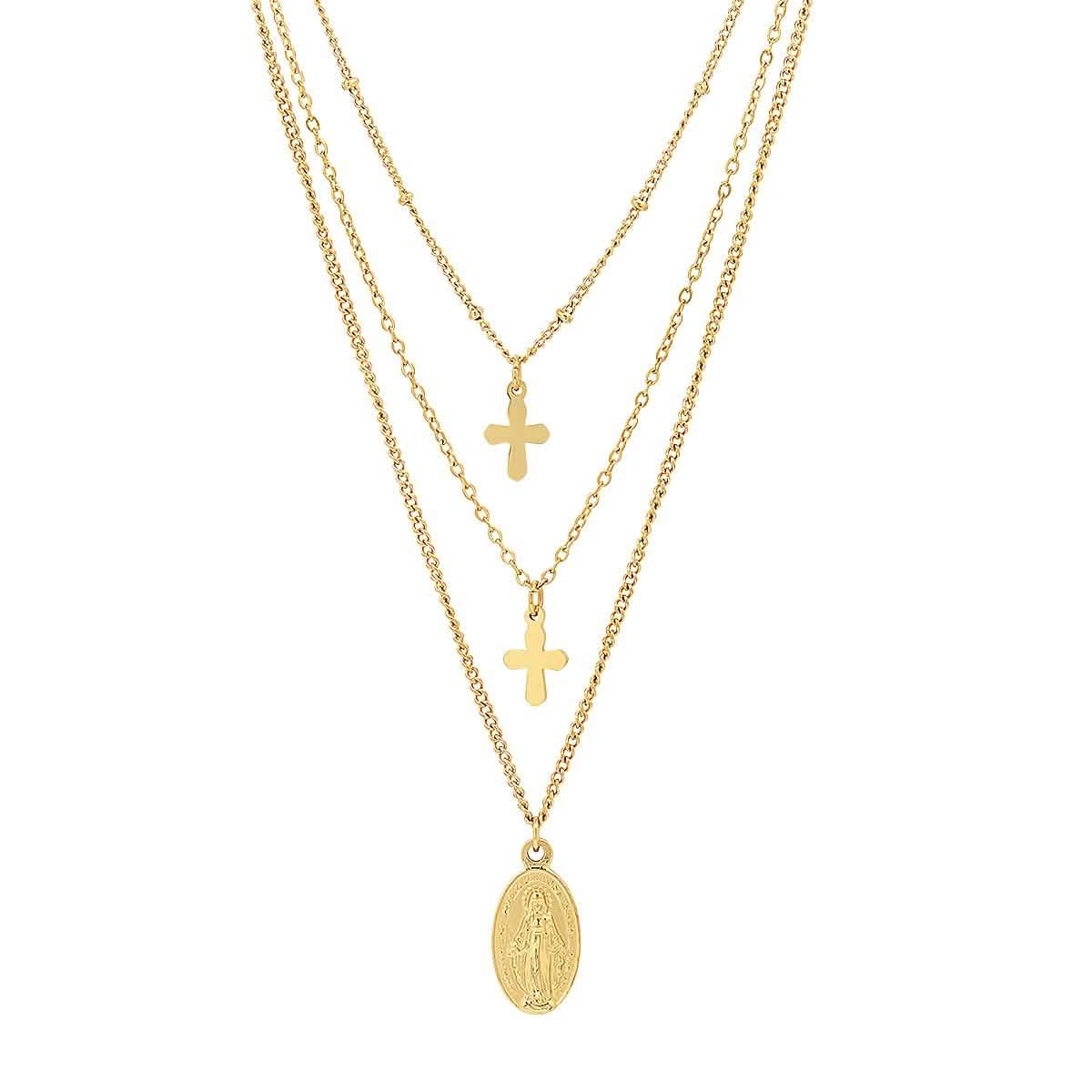 Ladies 3 Chain Necklace with Our Lady of Guadalupe and Cross Charms DailySale