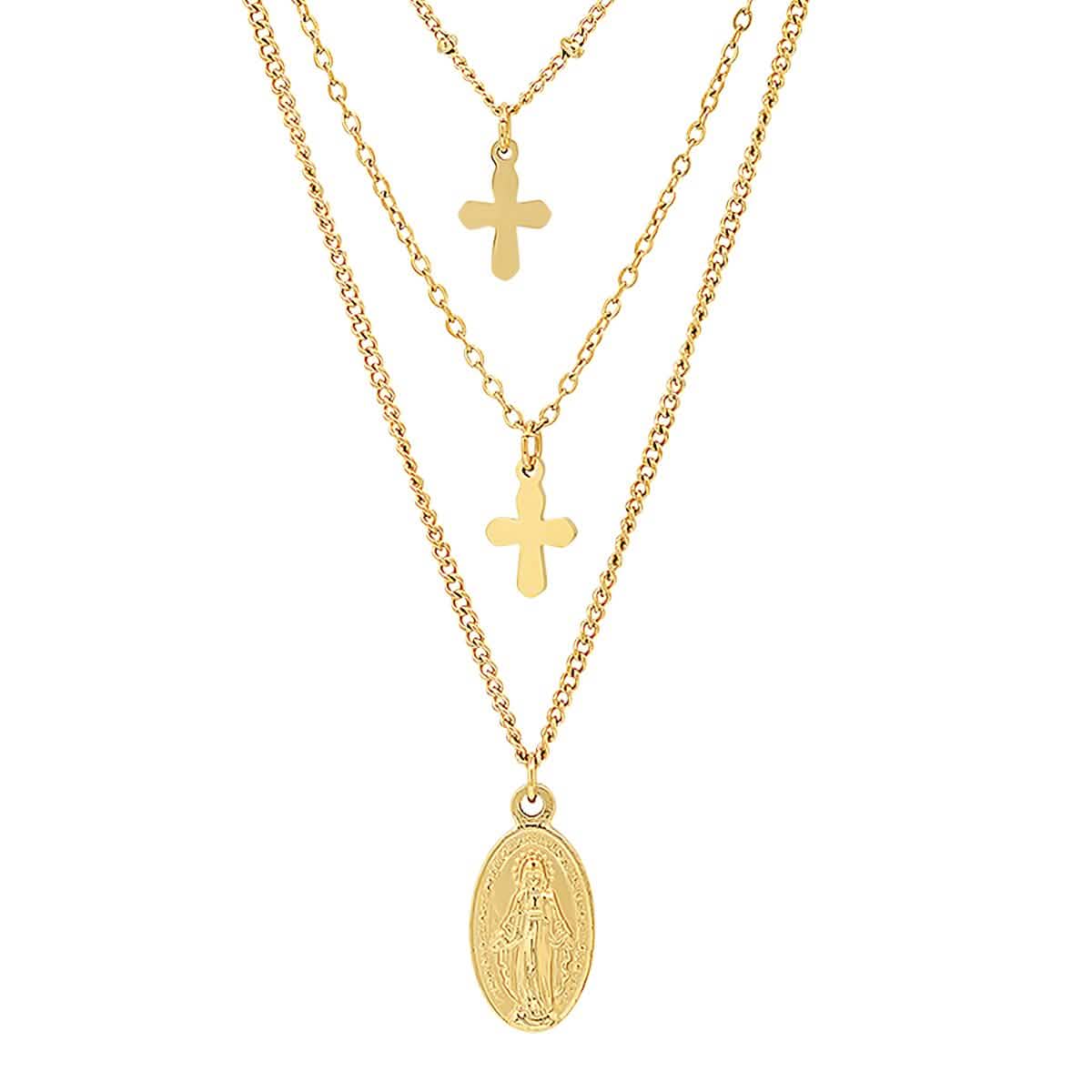 Ladies 3 Chain Necklace with Our Lady of Guadalupe and Cross Charms DailySale